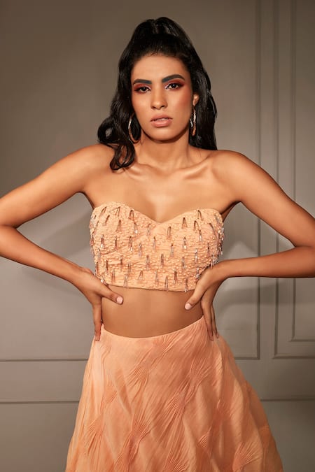 Babita Malkani_Peach Pleated Fabric Bead Work Embellished Crop Top And Layered Skirt Set_Online_at_Aza_Fashions
