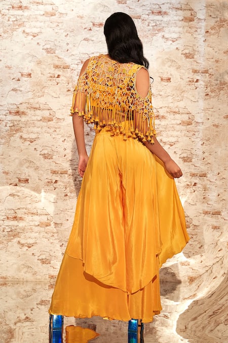 Shop_Babita Malkani_Yellow , Italian Glass Cold Shoulder Embroidered Cape Culottes Set _at_Aza_Fashions