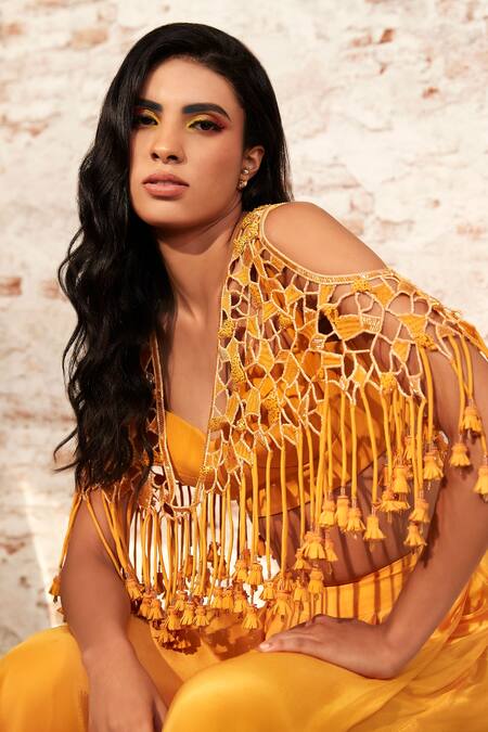 Buy_Babita Malkani_Yellow , Italian Glass Cold Shoulder Embroidered Cape Culottes Set _Online_at_Aza_Fashions