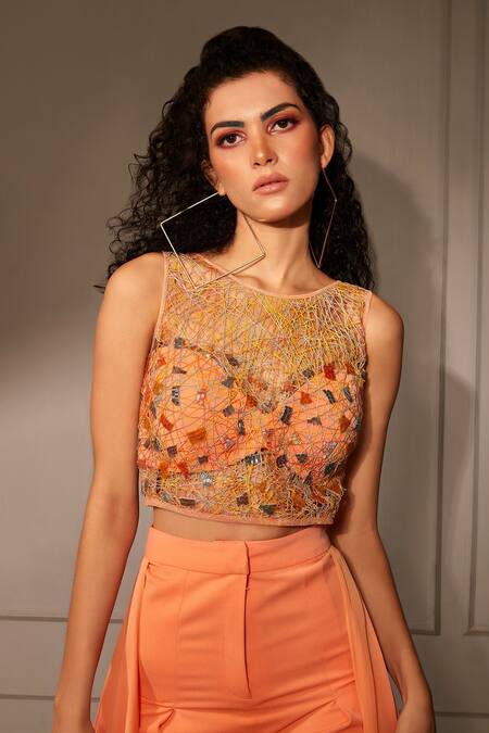 Babita Malkani_Orange , Italian Bead Work, Thread Embroidered Crop Top And Pant Set _Online_at_Aza_Fashions