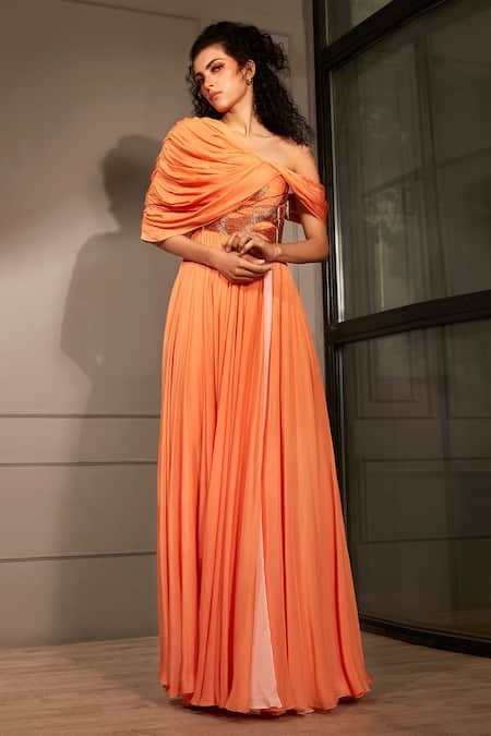 Buy_Babita Malkani_Orange Crepe Bead , Thread One Shoulder Off Draped Gown_Online_at_Aza_Fashions