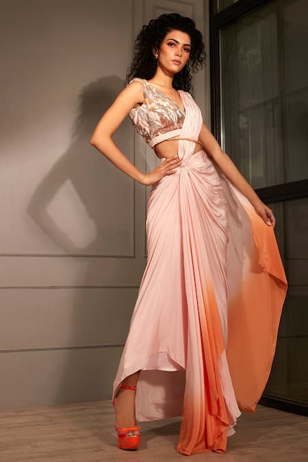 Babita Malkani_Pink Crepe Glass Beads V Neck Ombre Pre-draped Saree With Blouse_Online_at_Aza_Fashions