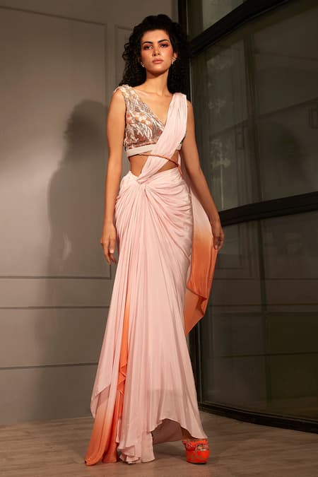 Shop_Babita Malkani_Pink Crepe Glass Beads V Neck Ombre Pre-draped Saree With Blouse_Online_at_Aza_Fashions