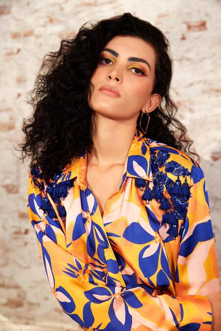 Buy_Babita Malkani_Orange Crepe Floral Print Straight Collar Pant Set_Online_at_Aza_Fashions