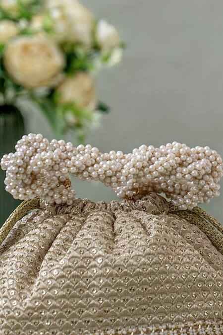 Amyra_Silver Embroidery, Beads, Tassels Bucket Bag_Online_at_Aza_Fashions