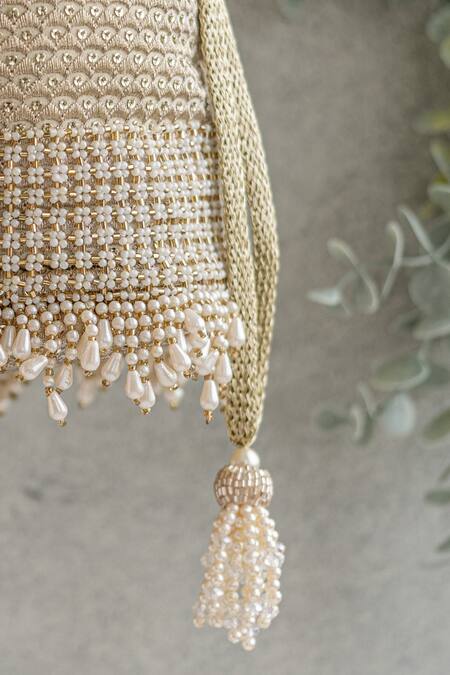 Buy_Amyra_Silver Embroidery, Beads, Tassels Bucket Bag_Online_at_Aza_Fashions