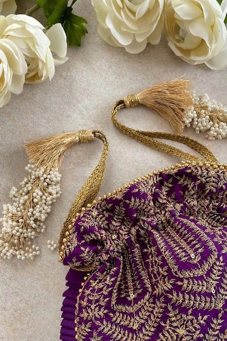 Amyra_Purple Embroidery, Tassels Leela Heritage Potli _Online_at_Aza_Fashions