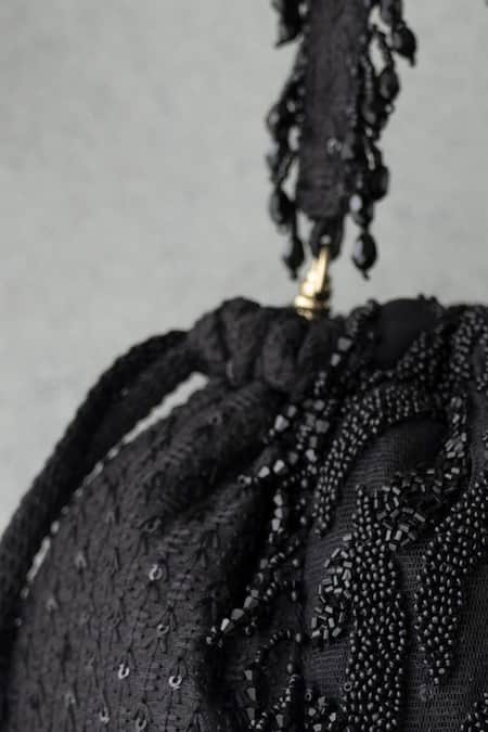 Amyra Black Embroidery, Tassels Kohl Silk Bucket Bag Online at Aza Fashions Amyra_Black Embroidery, Tassels Kohl Silk Bucket Bag _Online_at_Aza_Fashions