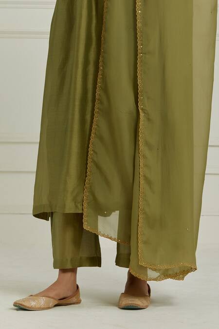 Shop Ikshita Choudhary Green Anarkali And Pant Chanderi Embroidered Floral V Neck Set Online at Aza Fashions Shop_Ikshita Choudhary_Green Anarkali And Pant Chanderi Embroidered Floral V Neck Set_Online_at_Aza_Fashions