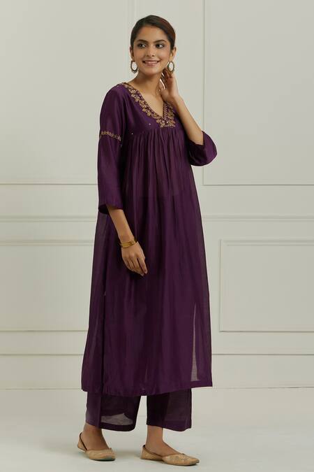 Ikshita Choudhary Purple Anarkali And Pant Chanderi Embroidered Floral V Neck Set Online at Aza Fashions Ikshita Choudhary_Purple Anarkali And Pant Chanderi Embroidered Floral V Neck Set_Online_at_Aza_Fashions