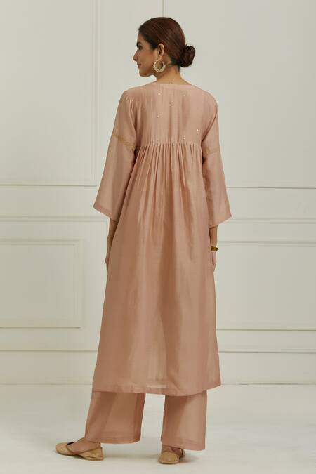 Shop Ikshita Choudhary Beige Anarkali And Pant Chanderi Embroidered Floral V Neck Set at Aza Fashions Shop_Ikshita Choudhary_Beige Anarkali And Pant Chanderi Embroidered Floral V Neck Set_at_Aza_Fashions