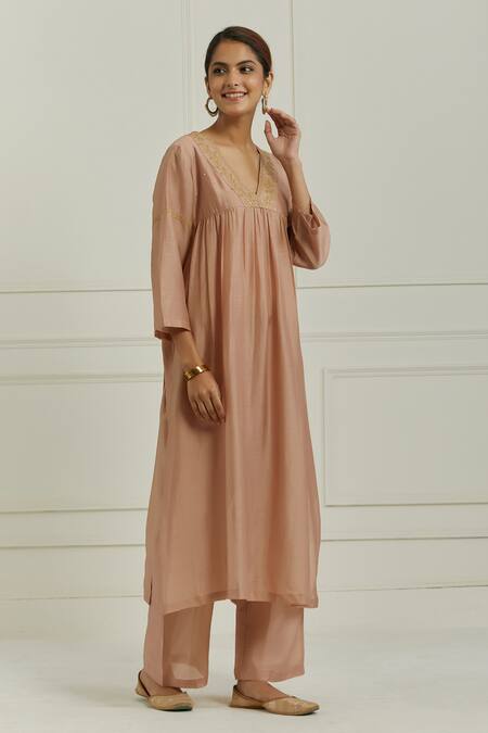 Ikshita Choudhary Beige Anarkali And Pant Chanderi Embroidered Floral V Neck Set Online at Aza Fashions Ikshita Choudhary_Beige Anarkali And Pant Chanderi Embroidered Floral V Neck Set_Online_at_Aza_Fashions