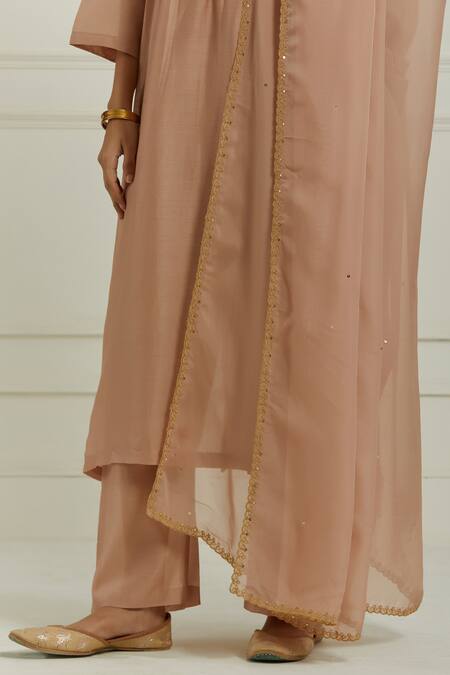 Shop Ikshita Choudhary Beige Anarkali And Pant Chanderi Embroidered Floral V Neck Set Online at Aza Fashions Shop_Ikshita Choudhary_Beige Anarkali And Pant Chanderi Embroidered Floral V Neck Set_Online_at_Aza_Fashions