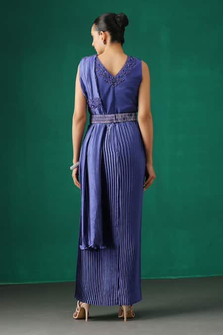 Shop_Minaki_Blue Crepe, Satin Sequins V Neck Pleated Draped Saree Gown With Blouse _at_Aza_Fashions