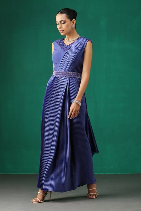 Buy_Minaki_Blue Crepe, Satin Sequins V Neck Pleated Draped Saree Gown With Blouse _Online_at_Aza_Fashions