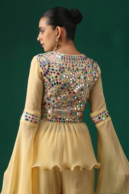 Shop_Minaki_Yellow Raw Silk, Organza, Georgette Mirror And Embroidered Peplum Sharara Set _at_Aza_Fashions