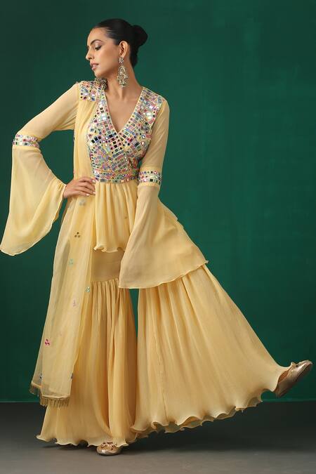 Minaki_Yellow Raw Silk, Organza, Georgette Mirror And Embroidered Peplum Sharara Set _Online_at_Aza_Fashions