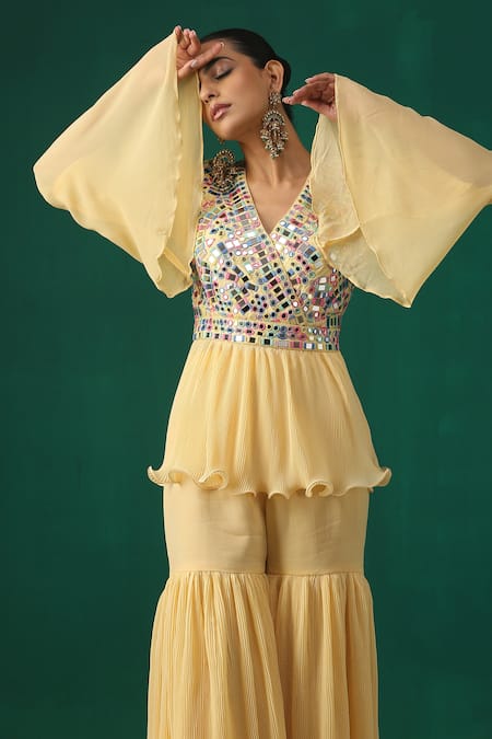 Buy_Minaki_Yellow Raw Silk, Organza, Georgette Mirror And Embroidered Peplum Sharara Set _Online_at_Aza_Fashions