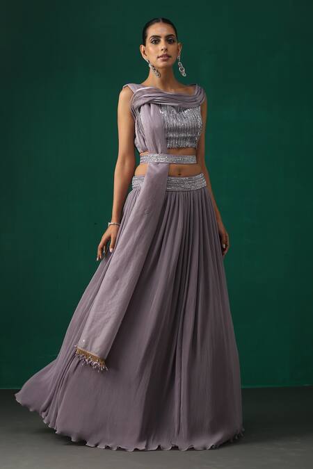 Minaki_Purple Organza, Crepe, Georgette Sequins Embellished Lehenga Set _Online_at_Aza_Fashions