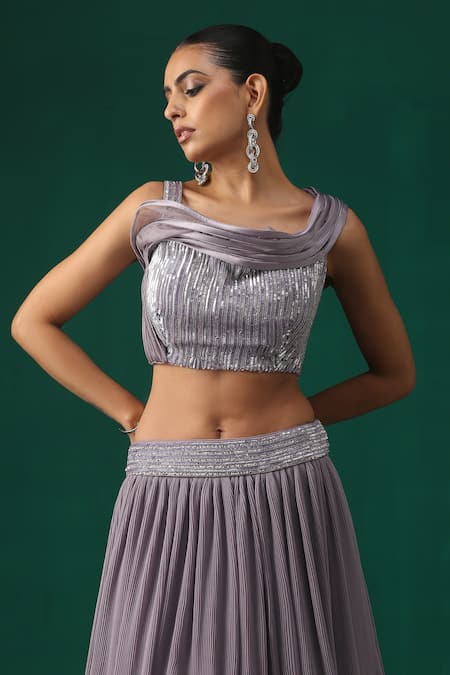 Minaki_Purple Organza, Crepe, Georgette Sequins Embellished Lehenga Set _at_Aza_Fashions