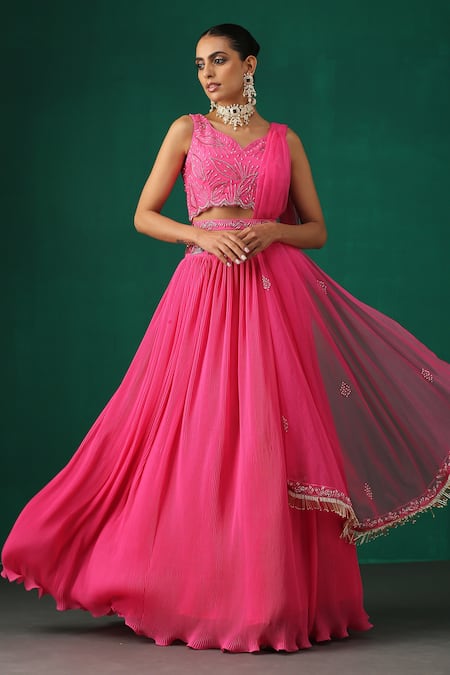 MINAKI Embroidered Blouse With Pleated Lehenga Set 