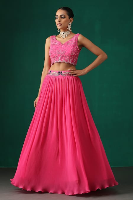 Minaki_Fuchsia Organza, Crepe, Georgette Embroidered Blouse With Pleated Lehenga Set _Online_at_Aza_Fashions