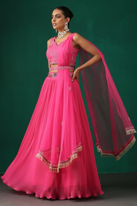 Buy_Minaki_Fuchsia Organza, Crepe, Georgette Embroidered Blouse With Pleated Lehenga Set _Online_at_Aza_Fashions