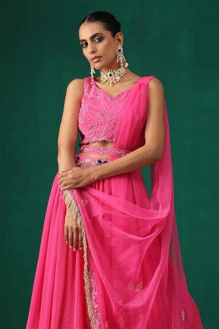 Shop_Minaki_Fuchsia Organza, Crepe, Georgette Embroidered Blouse With Pleated Lehenga Set _Online_at_Aza_Fashions