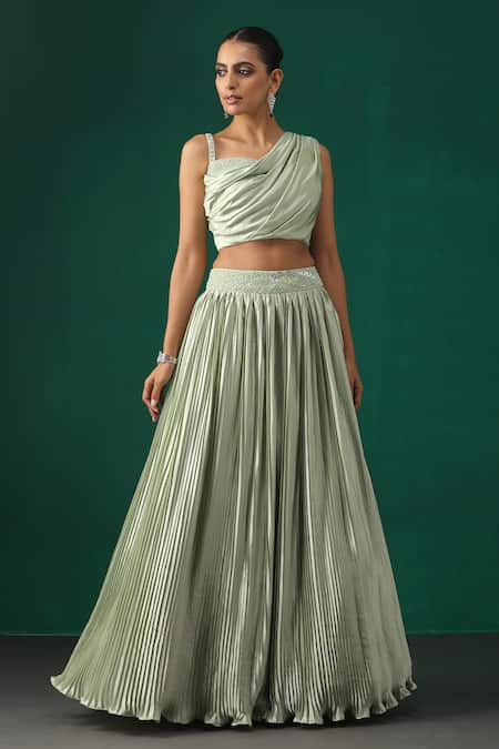 Minaki_Green Organza, Crepe, Georgette Sequins Pleated Lehenga Set _Online_at_Aza_Fashions