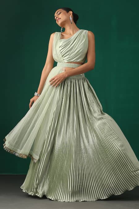 Buy_Minaki_Green Organza, Crepe, Georgette Sequins Pleated Lehenga Set _Online_at_Aza_Fashions