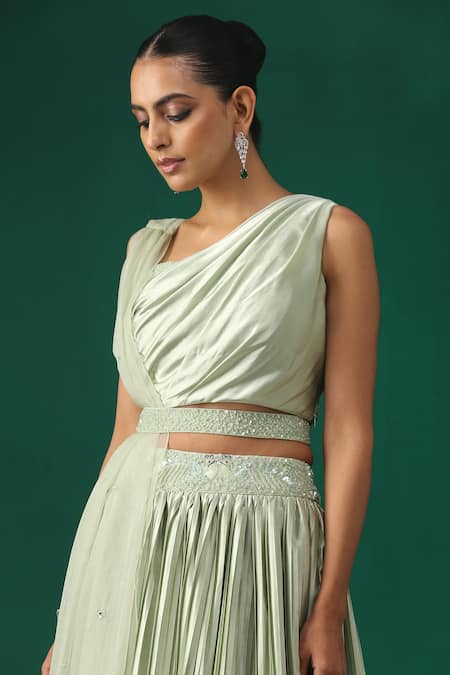 Minaki_Green Organza, Crepe, Georgette Sequins Pleated Lehenga Set _at_Aza_Fashions