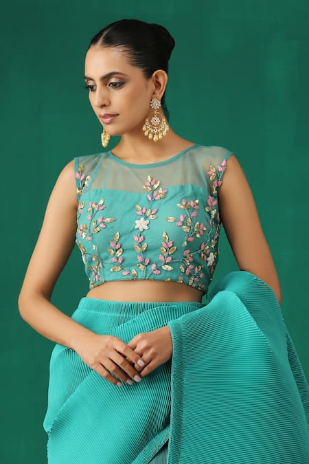 Buy Green Satin Hand Embellished Pleated Saree With Embroidered Blouse For  Women by Minaki Online at Aza Fashions.