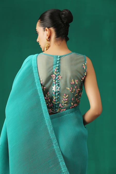 Buy Green Satin Hand Embellished Pleated Saree With Embroidered Blouse For  Women by Minaki Online at Aza Fashions.