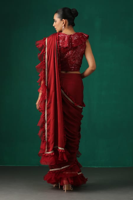 Shop_Minaki_Maroon Organza, Crepe, Georgette Lace, Pre-draped Ruffle Saree With Blouse _at_Aza_Fashions