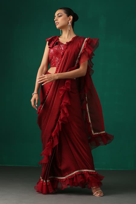 Minaki_Maroon Organza, Crepe, Georgette Lace, Pre-draped Ruffle Saree With Blouse _Online_at_Aza_Fashions