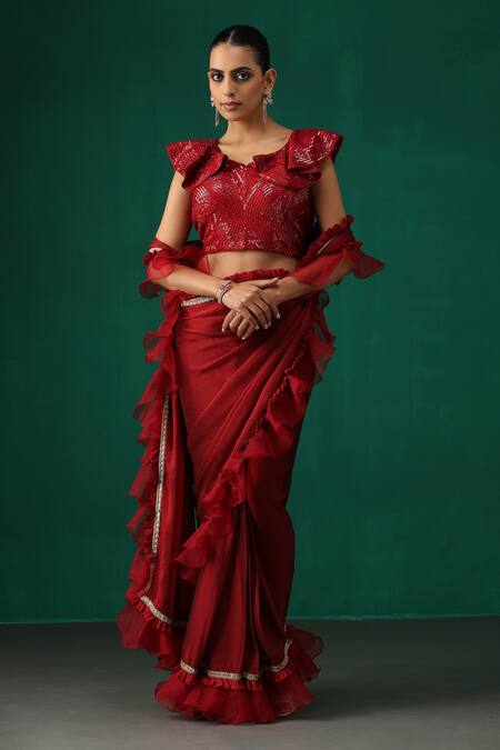 Buy_Minaki_Maroon Organza, Crepe, Georgette Lace, Pre-draped Ruffle Saree With Blouse _Online_at_Aza_Fashions