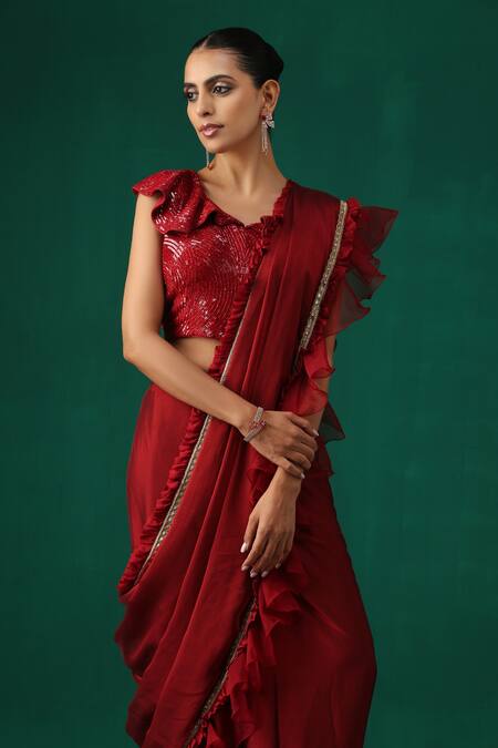 Shop_Minaki_Maroon Organza, Crepe, Georgette Lace, Pre-draped Ruffle Saree With Blouse _Online_at_Aza_Fashions