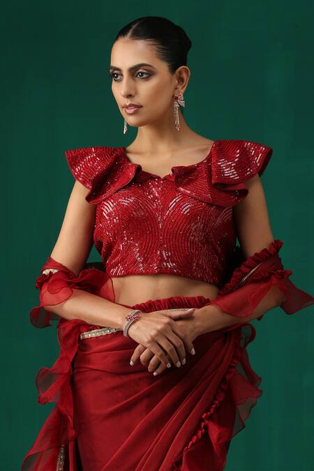 Minaki_Maroon Organza, Crepe, Georgette Lace, Pre-draped Ruffle Saree With Blouse _at_Aza_Fashions