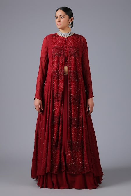 Minaki_Maroon Crepe, Georgette Sequins Round Embellished Jacket Skirt Set_Online_at_Aza_Fashions