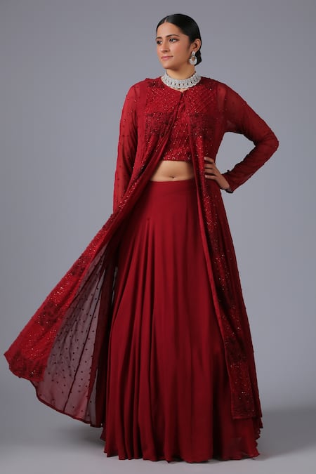Buy_Minaki_Maroon Crepe, Georgette Sequins Round Embellished Jacket Skirt Set_Online_at_Aza_Fashions