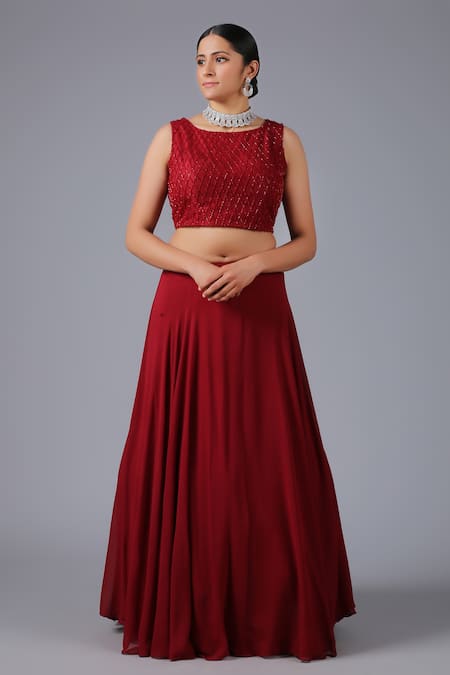 Shop_Minaki_Maroon Crepe, Georgette Sequins Round Embellished Jacket Skirt Set_Online_at_Aza_Fashions