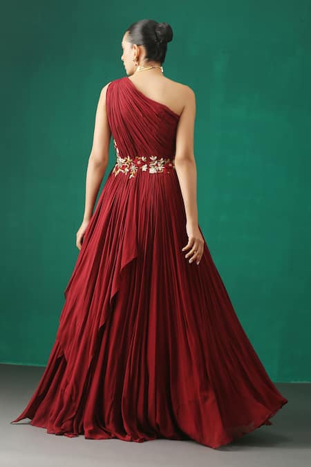 Shop_Minaki_Maroon Georgette Floral Motifs One Shoulder Embroidered Layered Gown _at_Aza_Fashions