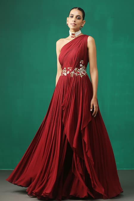 Minaki_Maroon Georgette Floral Motifs One Shoulder Embroidered Layered Gown _Online_at_Aza_Fashions