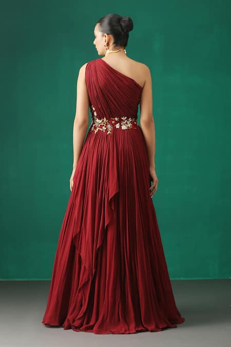 Buy_Minaki_Maroon Georgette Floral Motifs One Shoulder Embroidered Layered Gown _Online_at_Aza_Fashions