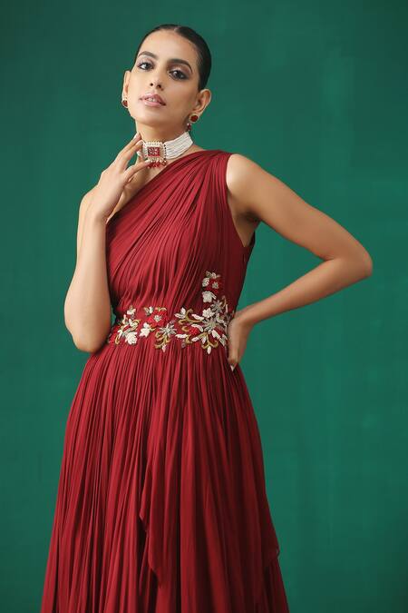 Shop_Minaki_Maroon Georgette Floral Motifs One Shoulder Embroidered Layered Gown _Online_at_Aza_Fashions
