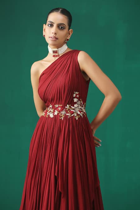 Minaki_Maroon Georgette Floral Motifs One Shoulder Embroidered Layered Gown _at_Aza_Fashions
