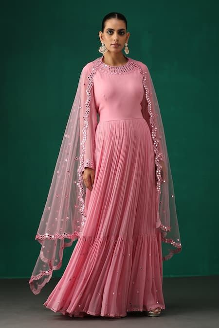 Buy Pink Georgette Embroidered Mirror Work Round Anarkali With