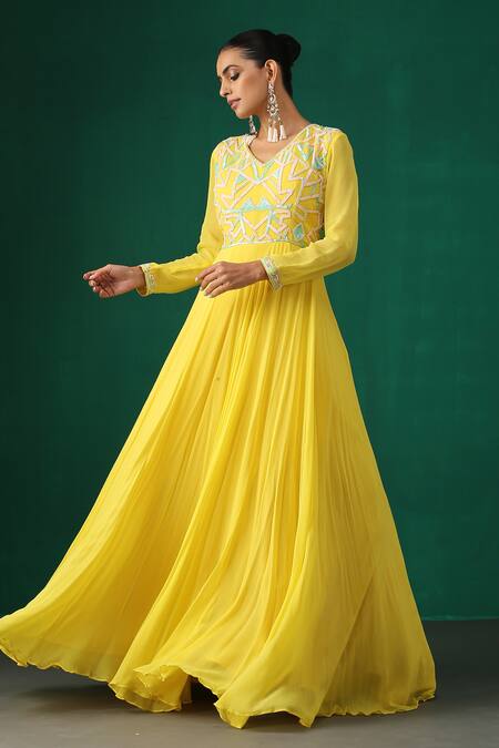 Minaki_Yellow Organza, Georgette Sequins V Neck Embroidered Anarkali With Dupatta_Online_at_Aza_Fashions