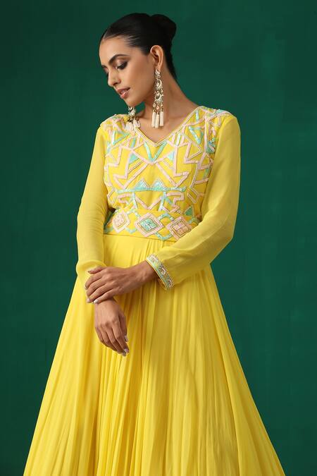 Shop_Minaki_Yellow Organza, Georgette Sequins V Neck Embroidered Anarkali With Dupatta_Online_at_Aza_Fashions