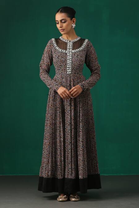 Minaki_Black Organza, Georgette, Satin Floral Motifs Print Anarkali With Ruffle Dupatta_Online_at_Aza_Fashions